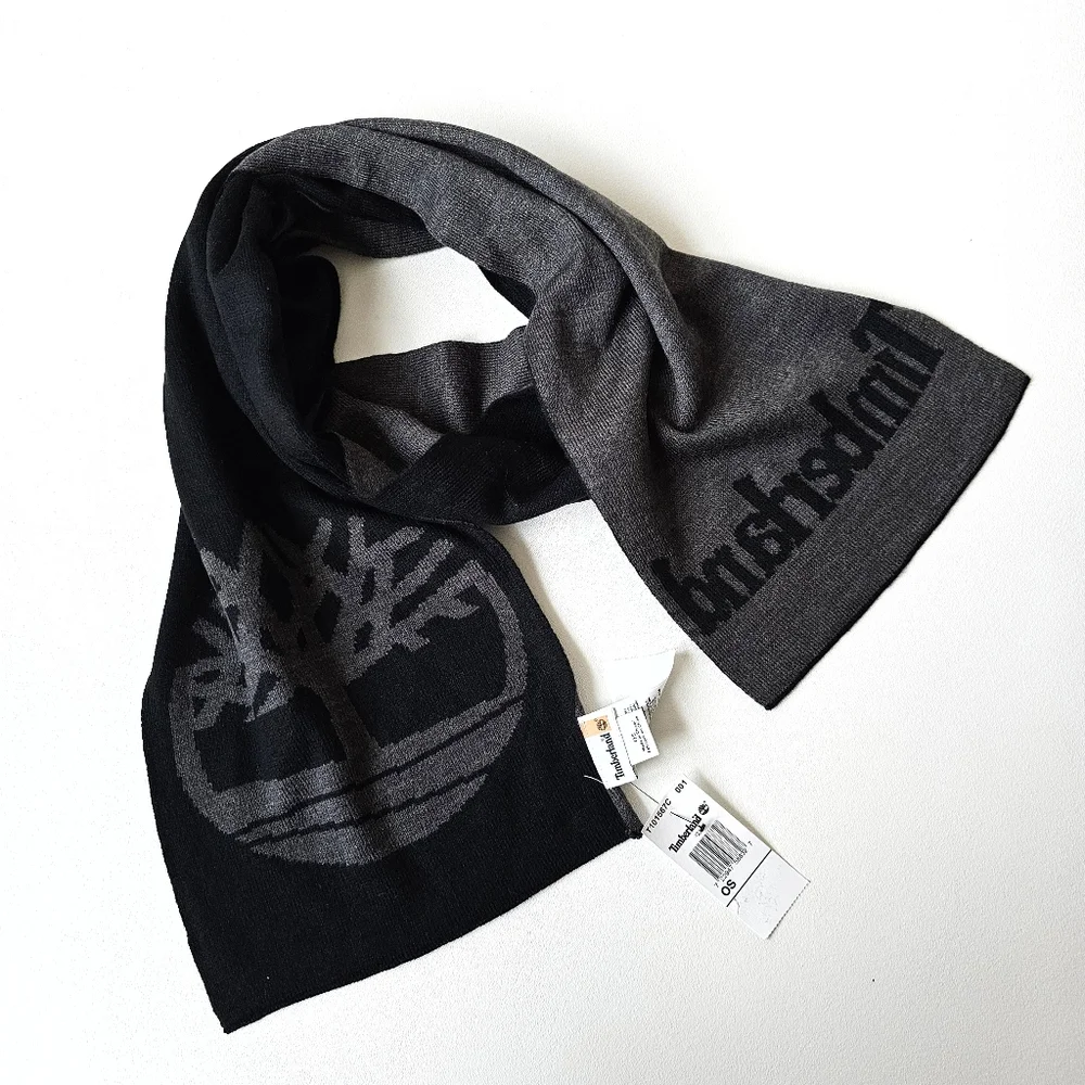 Timberland Reversible Logo Scarf Black Gray NWT